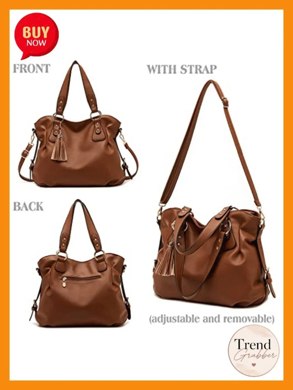 Vegan Leather Hobo Tote Handbag Set 4pcs Large Capacity Detachable Strap